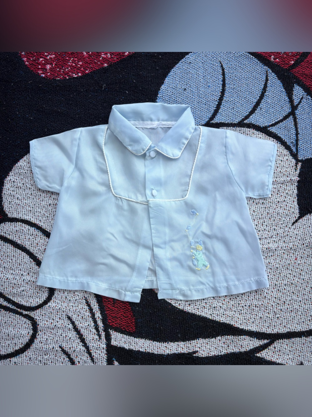 VINTAGE BLUE EMBROIDERED CLOWN COLLARED BABY SHIRT SIZE 6 MONTHS